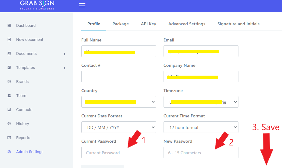 change or reset your Grabsign password