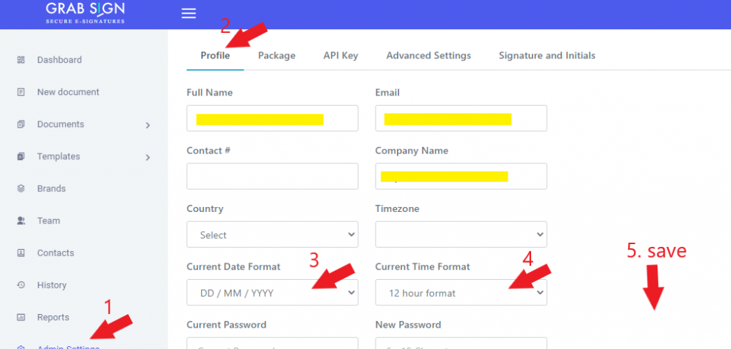 change date and time format grabsign