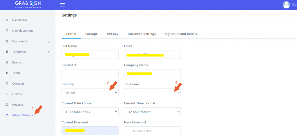 Grabsign timezone settings